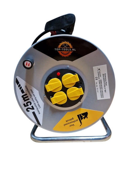 Professionele kabelhaspel van 25 meter met een kabeldikte van 3 x 2,5 mm², voorzien van vier stopcontacten, merk: Top-Tools.nl.